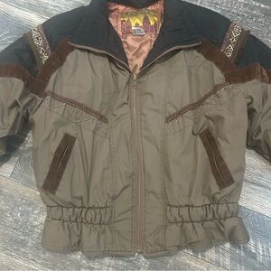 Vintage 80’s Learsi Brown Black Puffer Jacket Embroidered Velvet Detail Women L